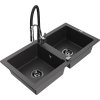 Mexen Mario, granitový drez 820x436x161 mm, 2-komorový a drezová batéria Aster, čierna škvrnitá, 6504-76-73450-07-B
