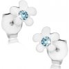 Šperky eshop - Puzetové náušnice, striebro 925, kvet s lesklými lupeňmi a modrým krištálikom I38.26