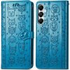 Peňaženkové kožené puzdro Cat and Dog Embossed na Galaxy A55 5G - Modrá