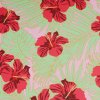 Šifón ružový, svetlo zelené listy, červené ibištekové kvety, š.145