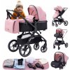 Detský kočík YAZOCO 3v1 ružový s vaničkou, autosedačkou a športovou sedačkou