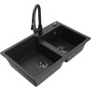 Mexen Tomas, 2-komorový granitový drez 800x500x190 mm a drezová batéria Elia, čierna-strieborná metalíza, 6516-73-670101-70-B