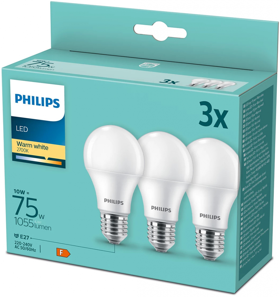 Philips LED sada žiaroviek 3x10W-75W E27 1055lm 2700K set 3ks, biela