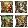 Warmu Sada vianočných obliečok – Santa, snehuliak a elf pri stromčeku v zimnej dedinke 40x40 cm (4 ks)