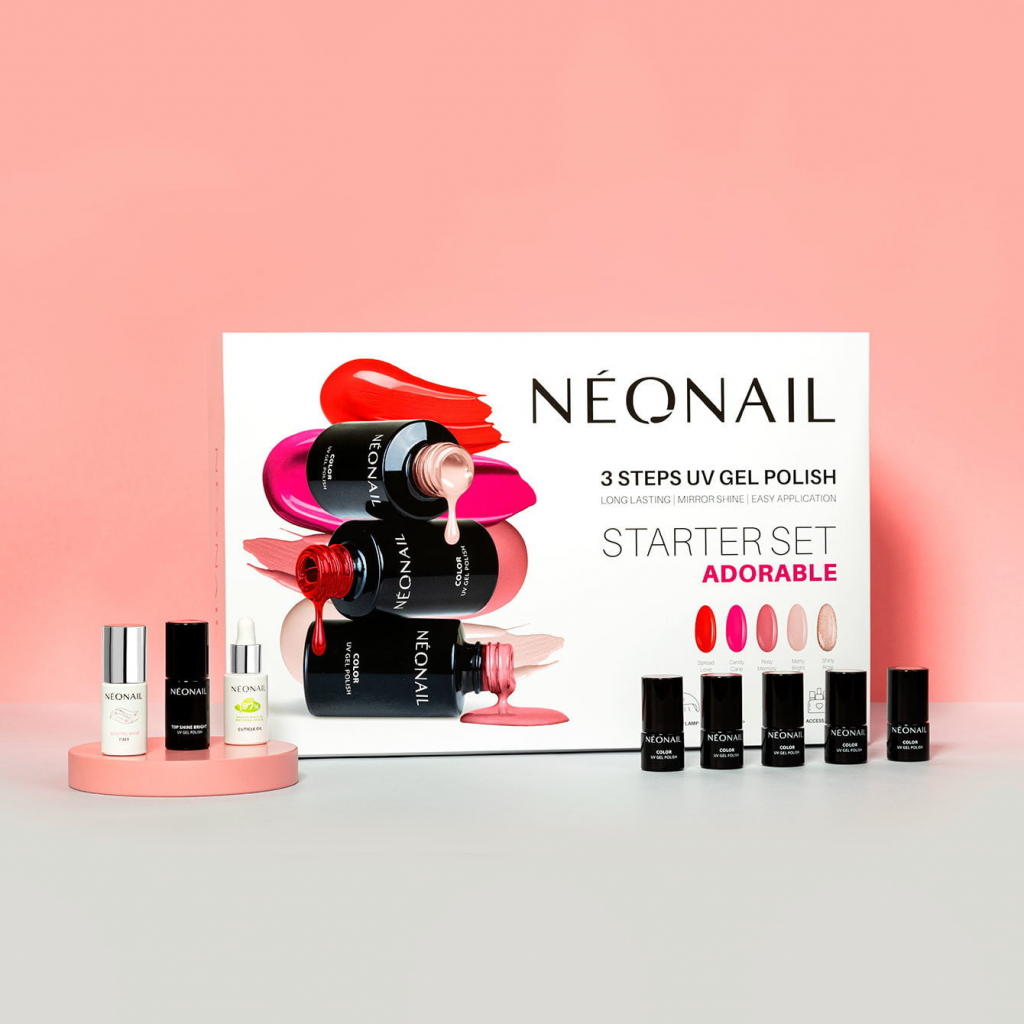 NeoNail Adorable Spread Love, Merry Bright, Shinny Rose, Rosy Memory, Candy Cane gél na nechty 5 x 3 ml + podkladový lak na nechty 7,2 ml + vrchný lak na nechty 7,2 ml + LED 21W/48