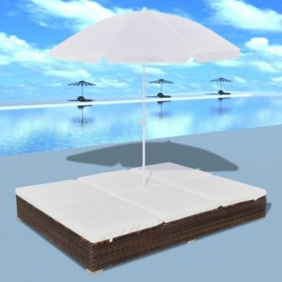 vidaXL Záhradná posteľ so slnečníkom, polyratan, hnedá