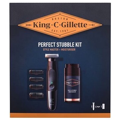 Gillette King C. Style Master Kit dárková sada: zastřihovač vousů Style Master 1 ks + výměnné hřebenové nástavce 4 ks + hydratační krém King C Gillette 100 ml pro muže
