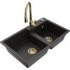 Mexen Tomas, granitový drez 800x500x190 mm, 2-komorový a drezová batéria Savita, čierna-zlatá metalíza, 6516-75-672601-50
