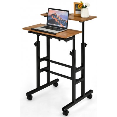 COSTWAY Stôl na sedenie s nastaviteľnou výškou na kolieskach, mobilný stojaci stôl s 2-úrovňovou počítačovou pracovnou stanicou, pracovný stôl na notebook pre domácnosť a kanceláriu, hnedý