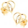 Šperky eshop - Puzetové náušnice zo zlata 585 - kontúra srdca s prekríženými líniami, zirkón GG92.01