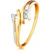Šperky eshop - Diamantový zlatý prsteň 585, tri žiarivé číre brilianty, rozdelené dvojfarebné ramená BT179.97 - Veľkosť: 50 mm