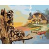 Zuty – Maľovanie podľa čísel – Medvedík čistotný na klade, mólo s loďkou a chata (D. Rusty Rust), 80 × 100 cm, plátno 8596530186021