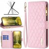 Peňaženkové kožené puzdro Diamond Lattice Zipper na Motorola Moto E20 / E30 / E40 - Ružová