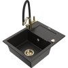 Mexen Enzo, granitový drez 576x465x174 mm, 1-komorový a drezová batéria Duo, čierna-zlatá metalíza, 6506-75-671701-57-G
