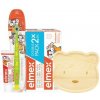 Elmex detský balíček 2 ks zubná pasta 50 ml zubná kefka 3-6 rokov + zubná pasta 12 ml + drevený tanierik