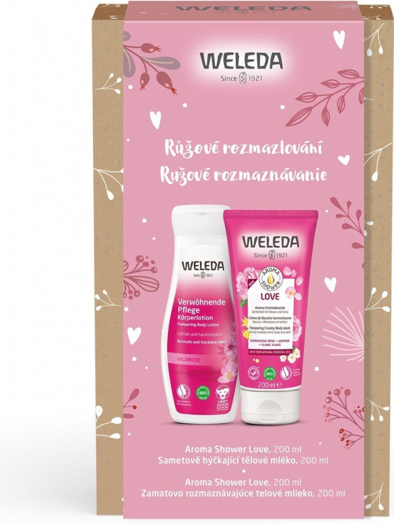 Weleda Ružové rozmaznávanie Aróma Shower Love 200 ml + zamatovo rozmaznávajúce telové mlieko 200 ml darčeková sada