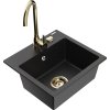 Mexen Milo, 1-komorový granitový drez 435x410x171 mm a zlatá batéria Telma, čierna-strieborná metalíza, 6505-73-670200-50