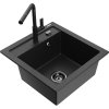 Mexen Vito, 1-komorový granitový drez 490x520x210 mm a drezová batéria Flora, čierna-strieborná metalíza, 6503-73-670401-70-B