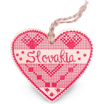Drevené srdce Slovakia výšivka - natural červené