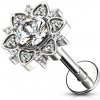 Šperky eshop - Piercing do brady, pery, alebo ucha - kvet so zirkónom uprostred, 8 mm W15.11 - Farba zirkónu: Zlatá - číra