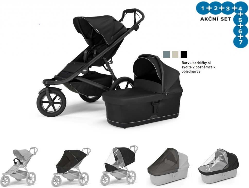 Thule Set 7v1 Urban Glide 3 Black 2024 + pláštěnka + ochranná síť + madlo + korbička Black + pláštěnka + ochranná síť na korbičku