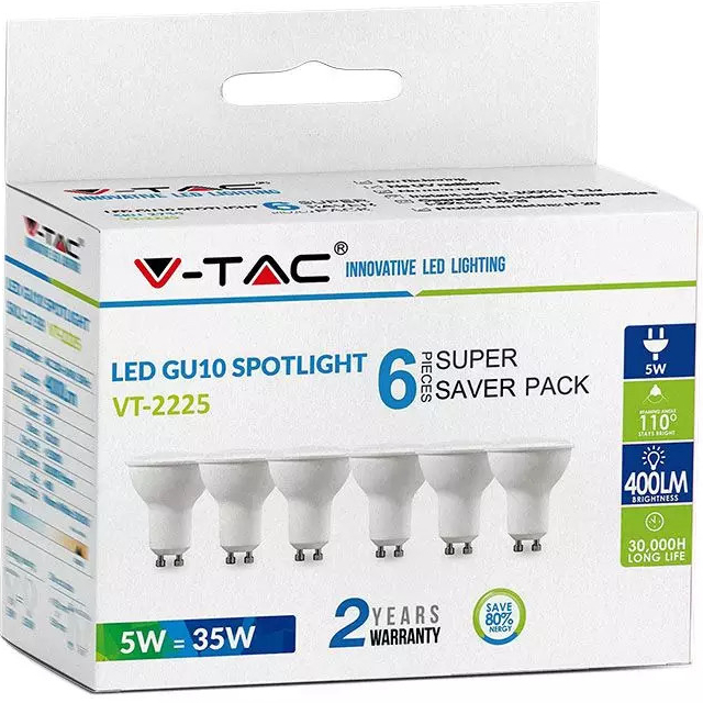 V-TAC žiarovka LED GU10 4,5W, 6400K, 400lm, 6 balenie, VT-2225