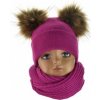 Detský set čiapka s 2 brmbolcami a šál obkrútený fuksia