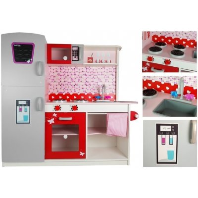 Lean Toys Drevená kuchynka s chladničkou a mikrovlnnou rúrou ružová