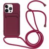 AppleKing silikónový kryt so šnúrkou a kapsou na karty pre iPhone 14 Pro Max - vínový - možnosť vrátiť tovar ZADARMO do 30tich dní