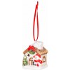 MagicHome Dekorácia Vianoce Domček so snehuliakom LED terakota závesný 5,8x5x7 cm