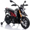 Beneo elektrická motorka Aprilia Dorsoduro 900 Licencované 12V batéria Eva mäkké kolesá 2 x 18W motor odpruženie kovový rám kovová vidlica pomocné kolieska sivá