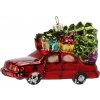 Sklenená vianočná ozdoba červené auto so stromčekom