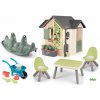 Set domček pre záhradníka a stôl so stoličkami Garden House Life Smoby rozšíriteľný s kvetináčmi a fúrik s náradím a obojstranná hojdačka