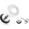Šperky eshop - Oceľový fake plug do ucha, biely glazúrovaný kruh, grécky kľúč, 8 mm PC01.05