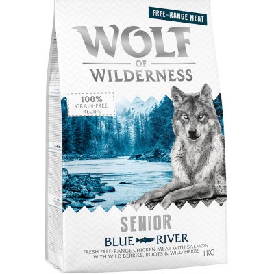 Wolf of Wilderness mokré a suché krmivo s mäsom z voľného chovu - SENIOR "Blue River" - kuracie a losos (1 kg)
