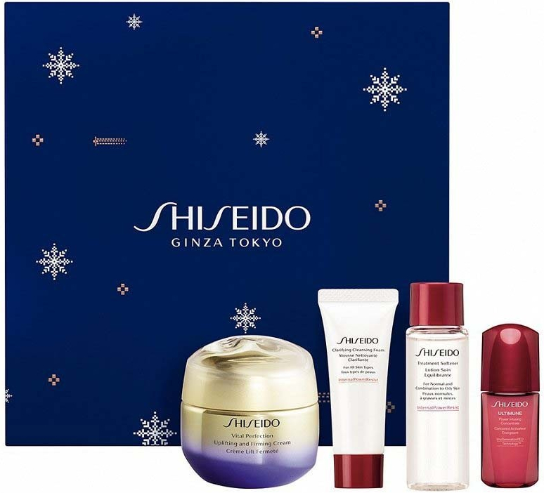 Shiseido Vital Perfection denný a nočný liftingový krém 50 ml + čistiaca pena 15 ml + pleťová voda 30 ml + energizujúci a ochranný koncentrát na tvár 10 ml