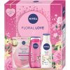Nivea Floral Love Skin Radiance textilná maska na tvár + Nivea Floral Love sprchový gél 250 ml + Nivea Floral Love telové mlieko 250 ml, kozmetická sada pre ženy