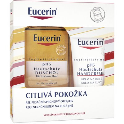 Eucerin Ph5 Relipidačný sprchový olej 200 ml + Regeneračný krém na ruky 75 ml, puzdro na starostlivosť o citlivú pokožku