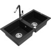 Mexen Mario, 2-komorový granitový drez 820x436x161 mm a drezová batéria Flora, čierna, 6504-77-670401-07