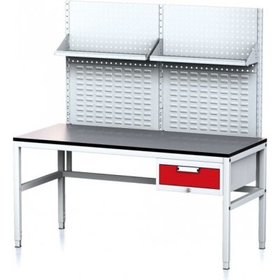 Alfa 3 Nastaviteľný dielenský stôl MECHANIC II s perfopanelom a policami, 1 zásuvkový box na náradie, 1600x700x745-985 mm, sivá/červená