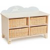 Drevená skrinka so zajačikom Bunny Storage Unit Tender Leaf Toys so 4 odkladacími košmi z úpletu