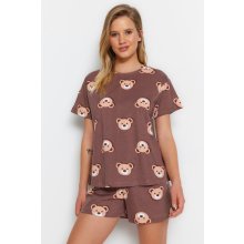 Trendyol Brown 100% Cotton Teddy Bear Patterned T shirt Shorts Knitted pajamas Set tmavočervená ružová