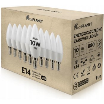 ecoPLANET 10x LED žiarovka E14 10W sviečka 880Lm studená biela