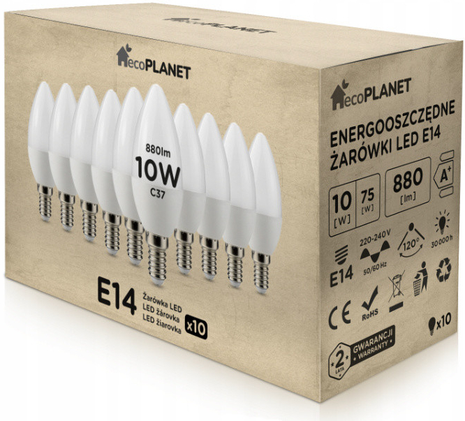 ecoPLANET 10x LED žiarovka E14 10W sviečka 880Lm studená biela