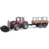 Bruder Traktor Massey Ferguson s predným nakladačom prívesom na prevoz dreva a 3 kmeňmi stromov 02046 1:16