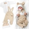 Baby Nellys Bavlnená súprava Gentleman 3D, body, polodupačky s lacnom + čiapočka, béžová/biela Velikost koj. oblečení: 56 (1-2m)