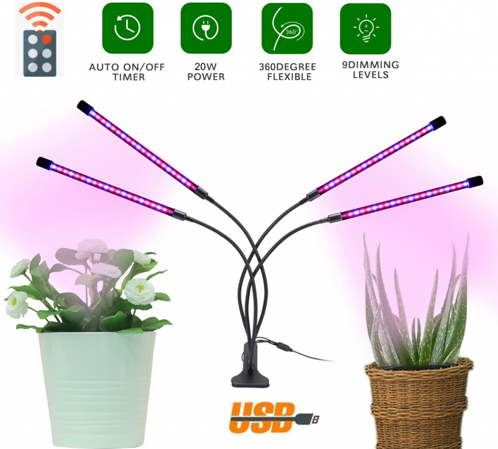 Svetlo pre rastliny LED 36W (4x9W) 4 hlavy husí krk + diaľkové ovládanie