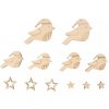 Drevené ozdobné výrezy prírodné 12ks - vtáčiky a hviezdy