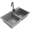 Mexen Tomas, granitový drez 800x500x190 mm, 2-komorový a čierna batéria Telma, šedá, 6516-71-670200-70
