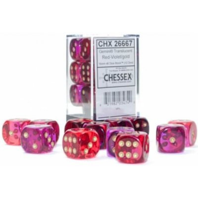 Chessex Sada kociek Chessex Gemini 16 mm D6 Transculent Red-Violet/Gold 12 ks